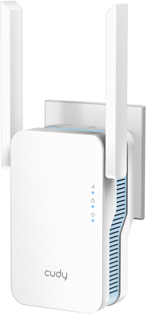 Fehér router két antennával és kék lámpákkal.