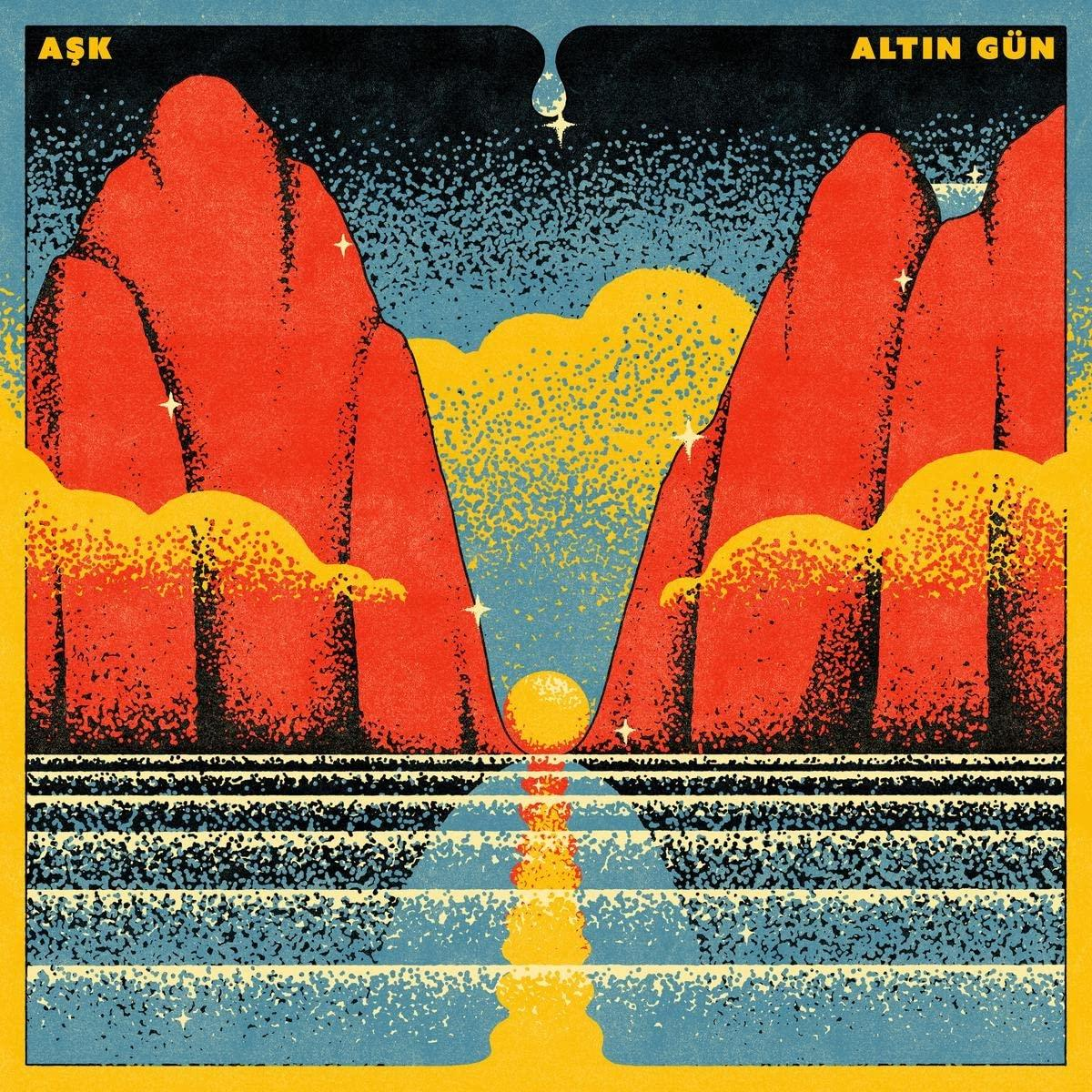 Albumcover mit roten Bergen, gelber Sonne über Wasser und dem Text ASK ALTIN GÜN.