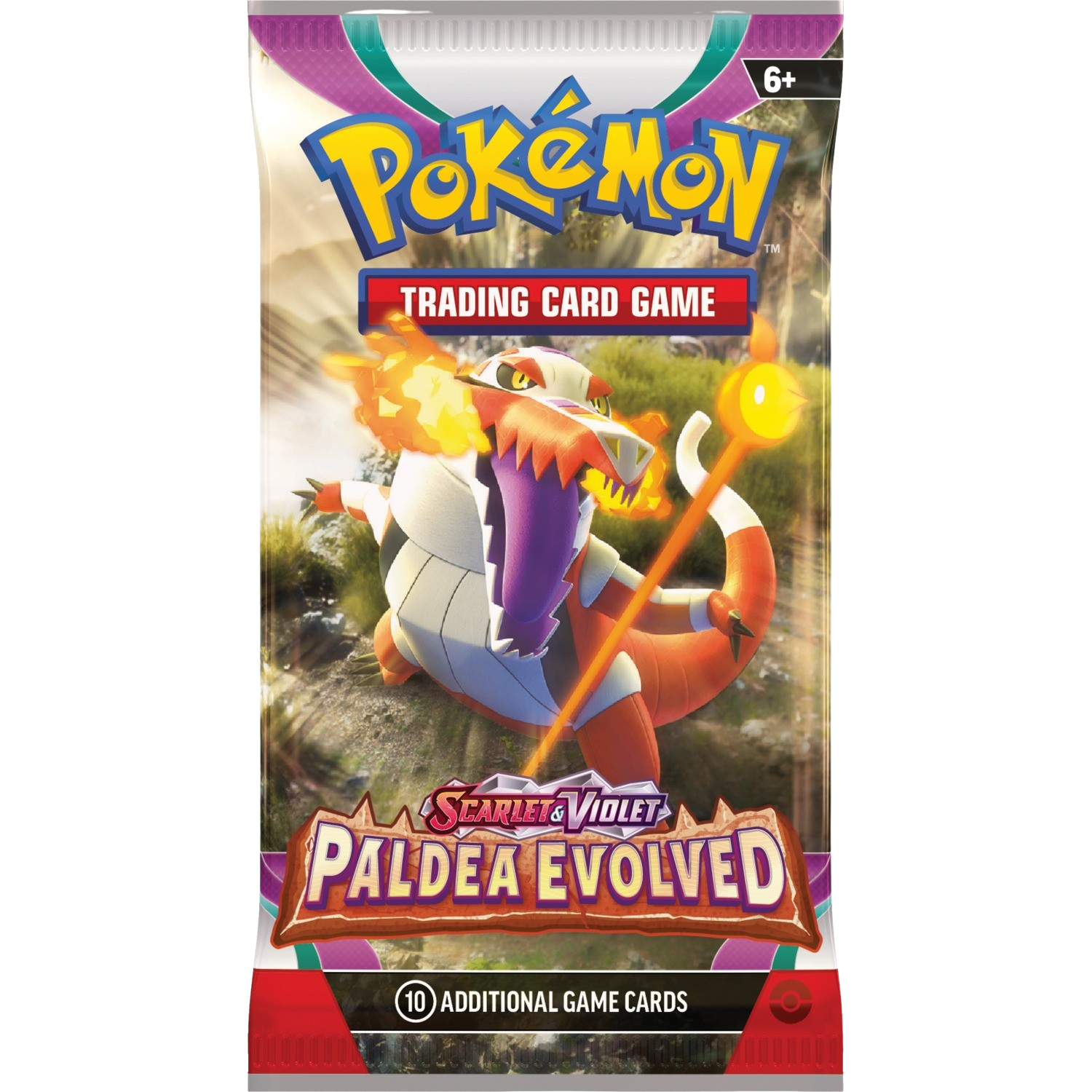 Pokemon-ruilkaartpakket met een vuurwezen en het Paldea Evolved-logo.