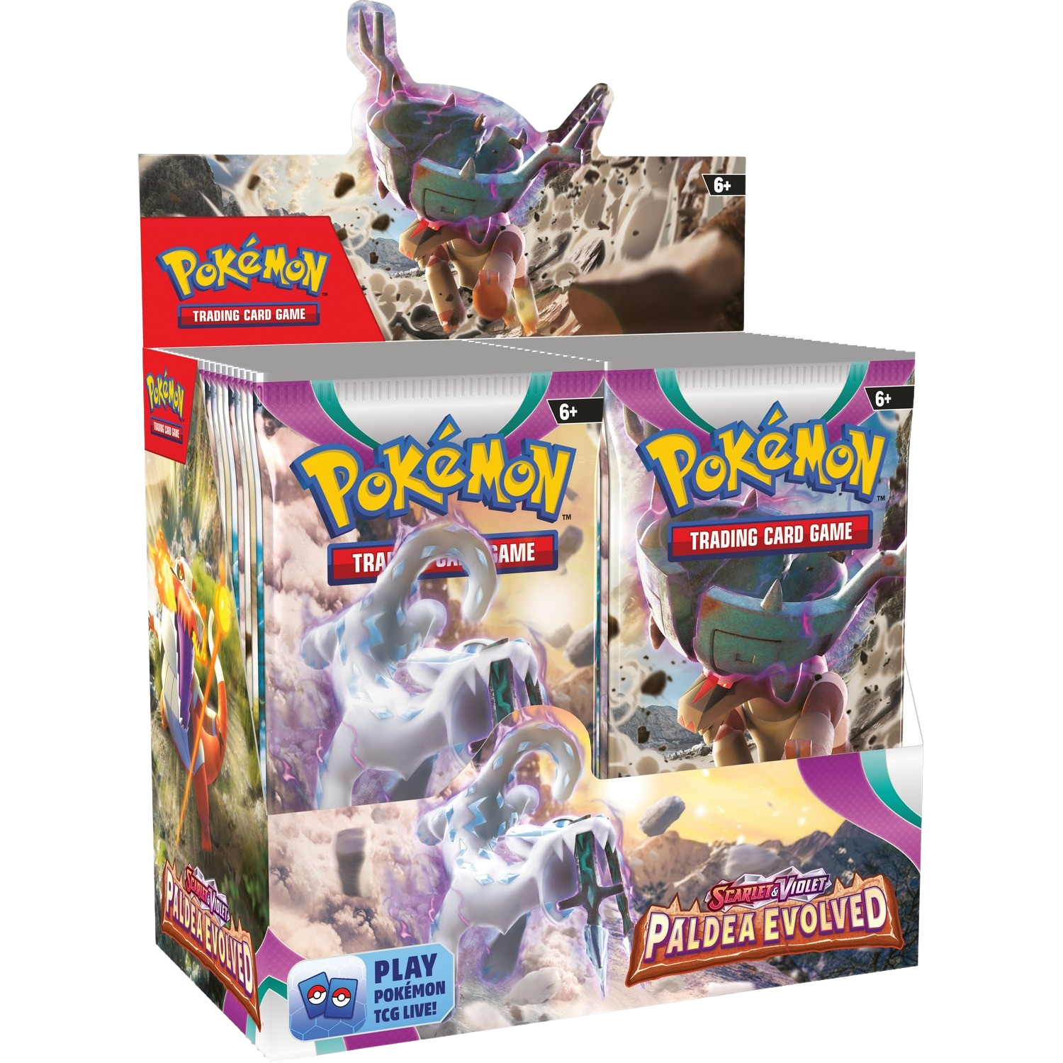Pokemon kaarten display. Een display box toont Pokemon kaarten packs. De box heeft het Pokemon logo.