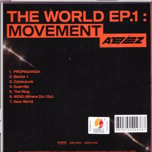 Schwarzes Albumcover mit orangefarbenem Text: "The World EP.1: Movement" und dem Bandnamen sowie Titeln.