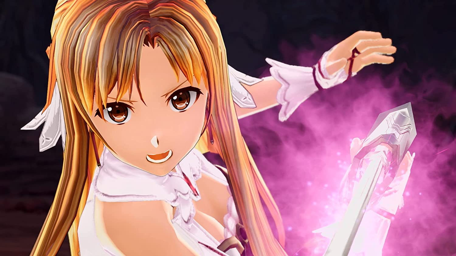 Chica anime, pelo rubio largo, vestido blanco y espada. Energía púrpura la rodea.