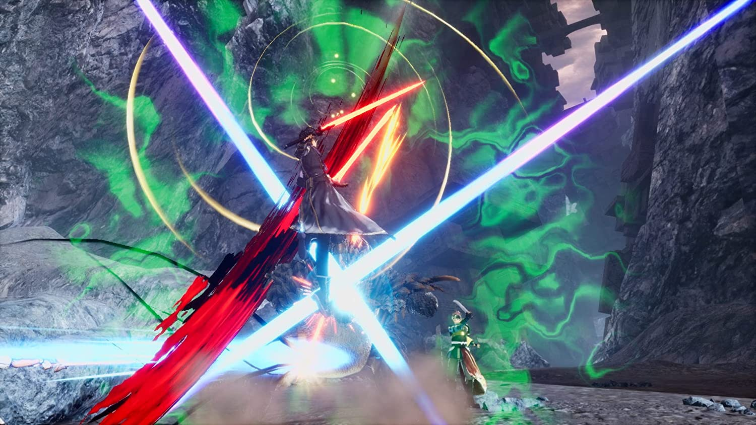 Escena de anime con figuras luchando. Rayos de energía y humo verde los rodean.