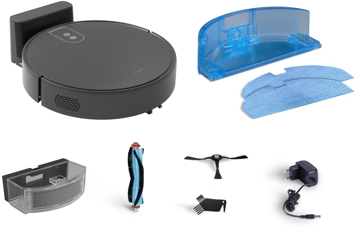 Un aspirapolvere robot e i suoi accessori. Include una stazione di ricarica, spazzole e un serbatoio dell'acqua.