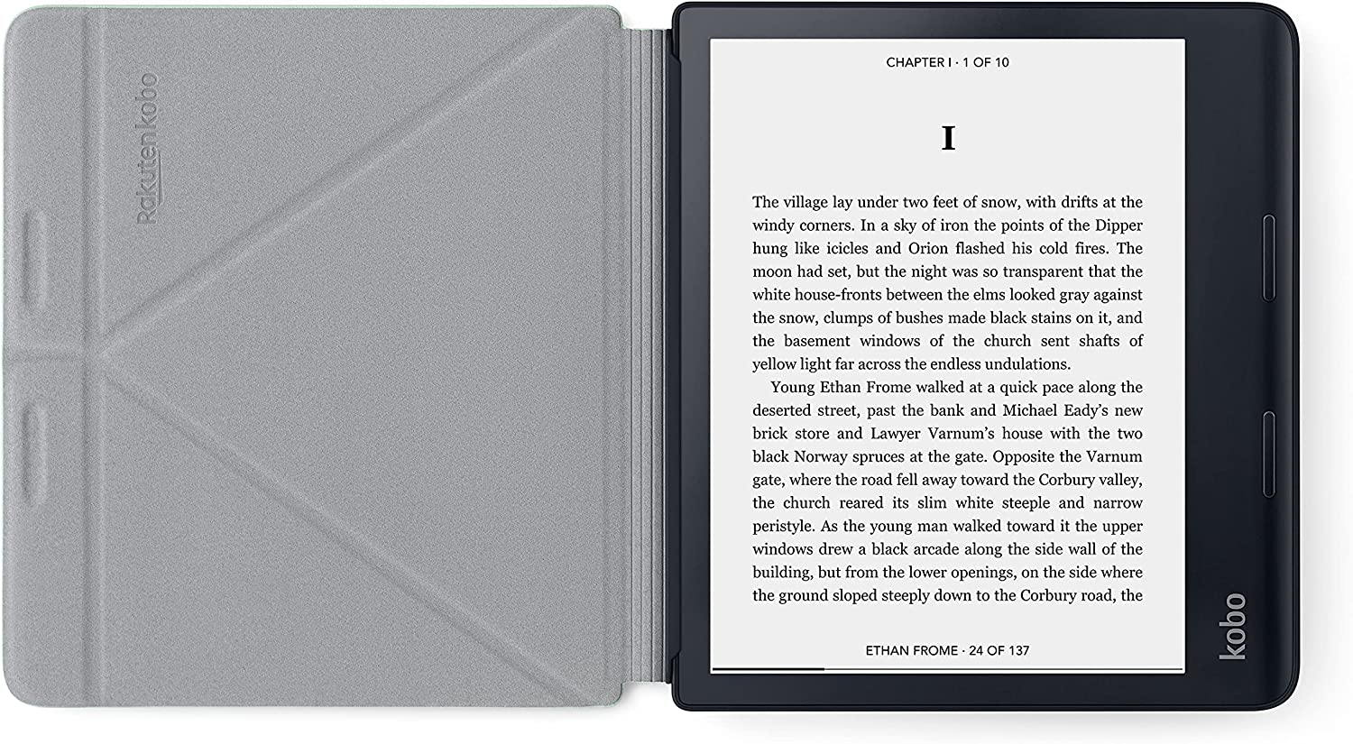 Un lector electrónico Kobo con una página de libro abierta en una cubierta gris.
