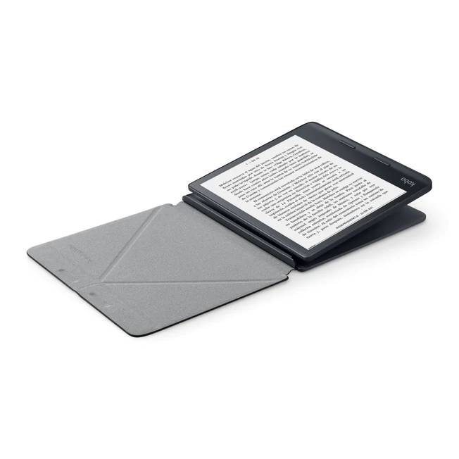 Un lector electrónico Kobo con funda, abierto sobre una superficie blanca, mostrando texto.