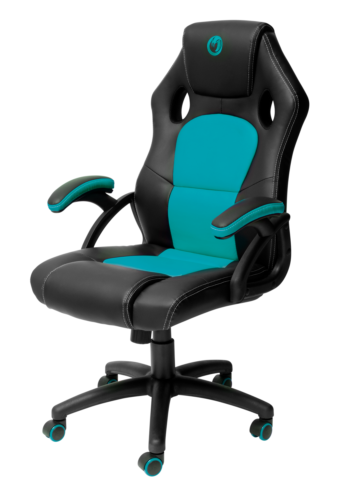 Una silla gaming negra y verde azulado. La silla tiene respaldo alto, reposabrazos y base de cinco ruedas.