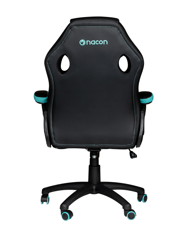 Vista trasera de silla gamer negra, detalles turquesa y logo de la marca en el cabecero.