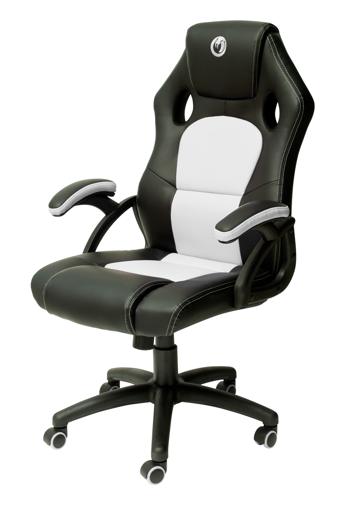 Silla gaming, color negro, blanco y gris, con costuras blancas y base negra.