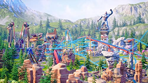 Una escena vibrante de parque de atracciones con montañas rusas y una estatua.