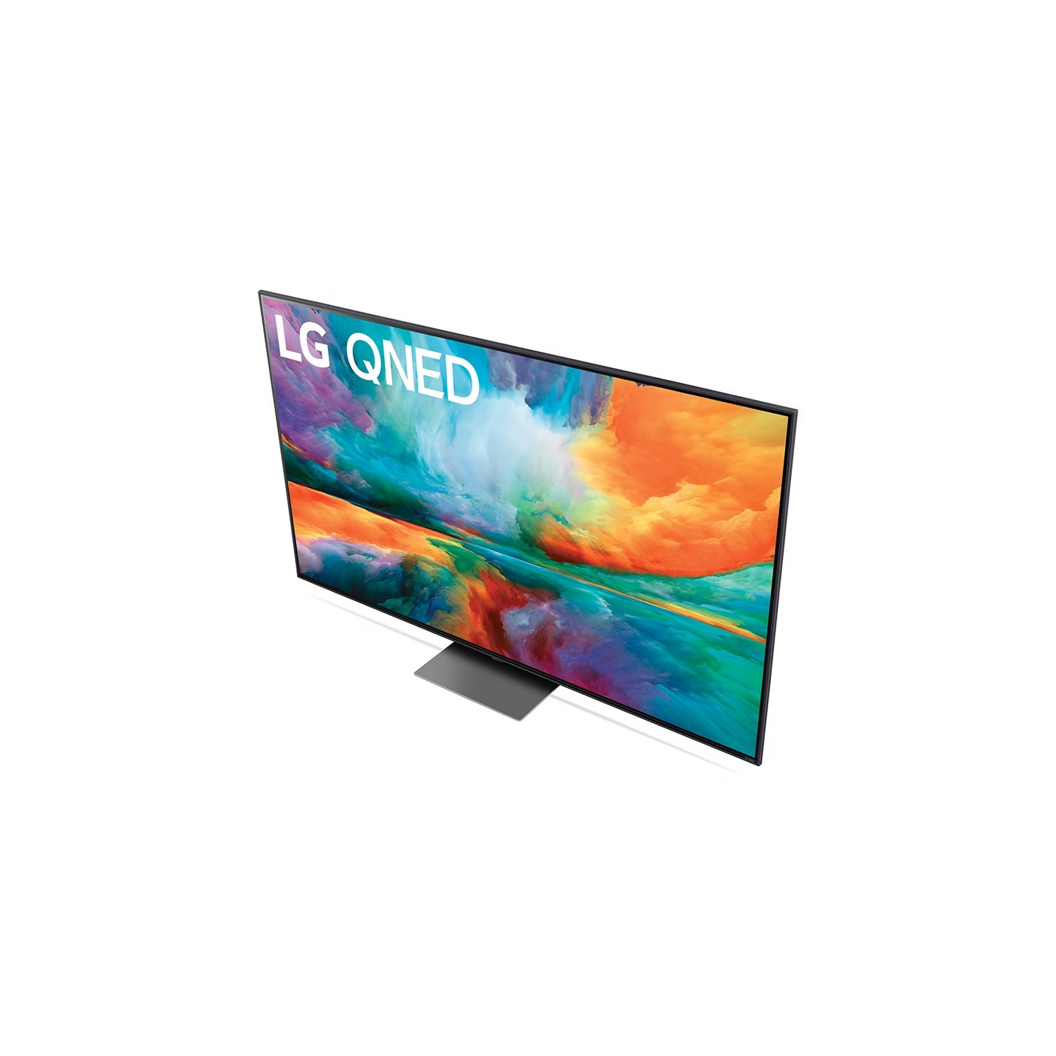 TV LG QNED, vue aérienne. Cadre noir. Fond abstrait coloré. Fond blanc.