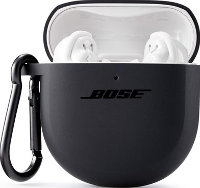 Auricolari Bose neri in custodia bianca. La custodia è aperta, mostrando gli auricolari bianchi all'interno.