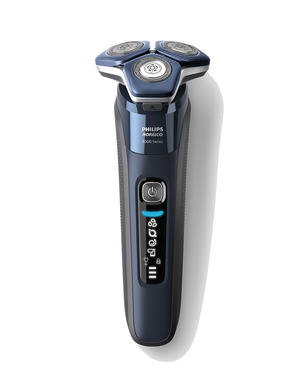 Electric shaver on a black background. It has a blue and silver head and a blue handle with buttons.
