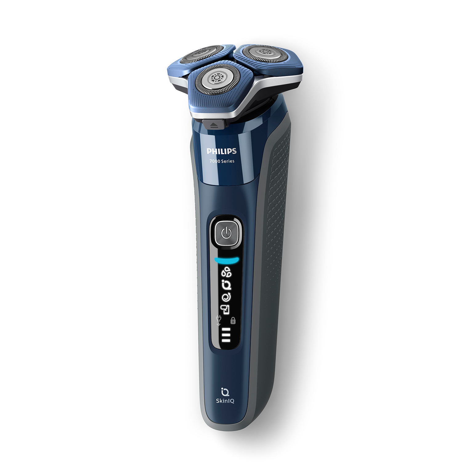 A blue and gray electric shaver with three rotating heads.