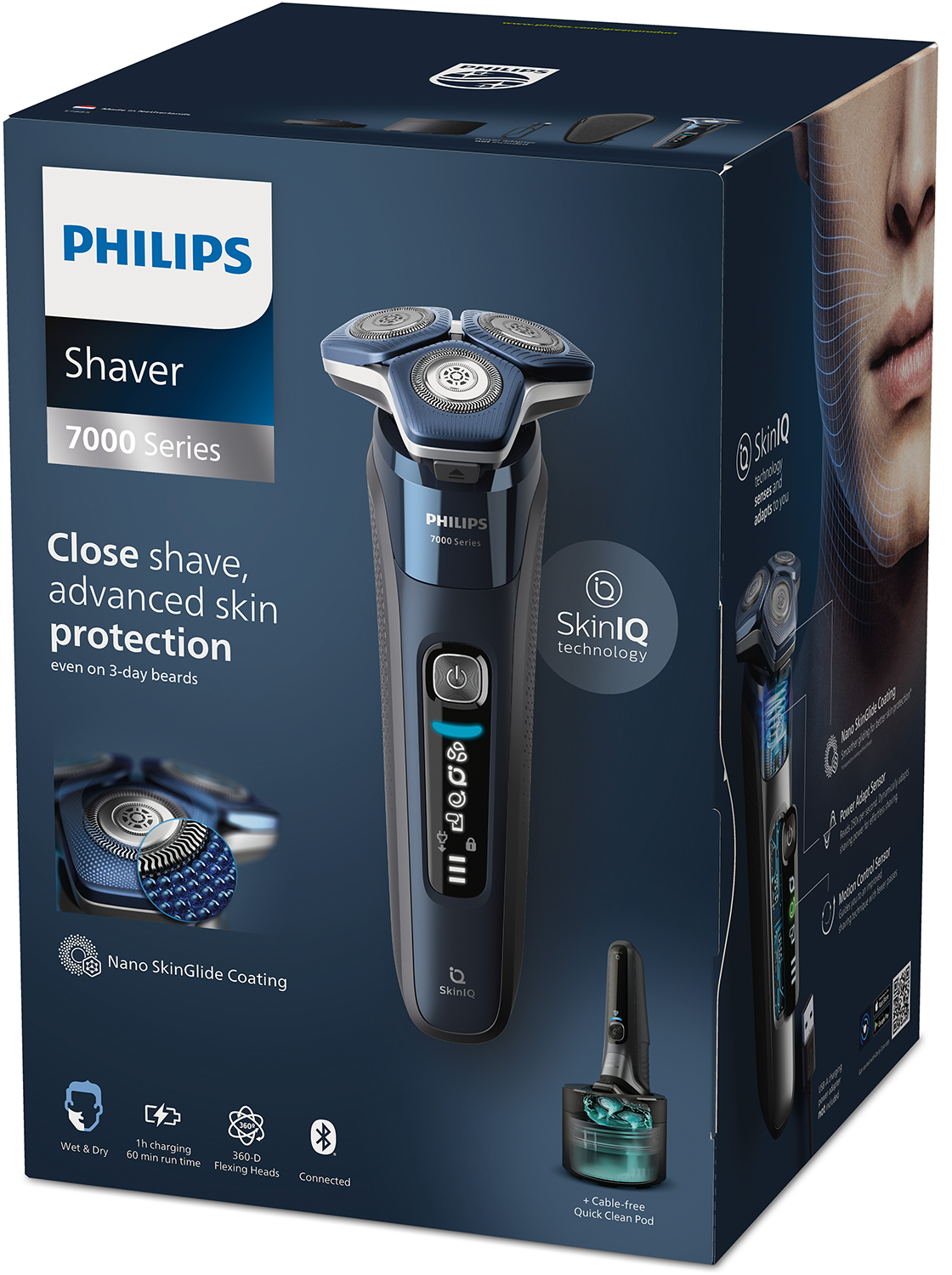 Philips shaver box. Shaver, diagrams, and text.