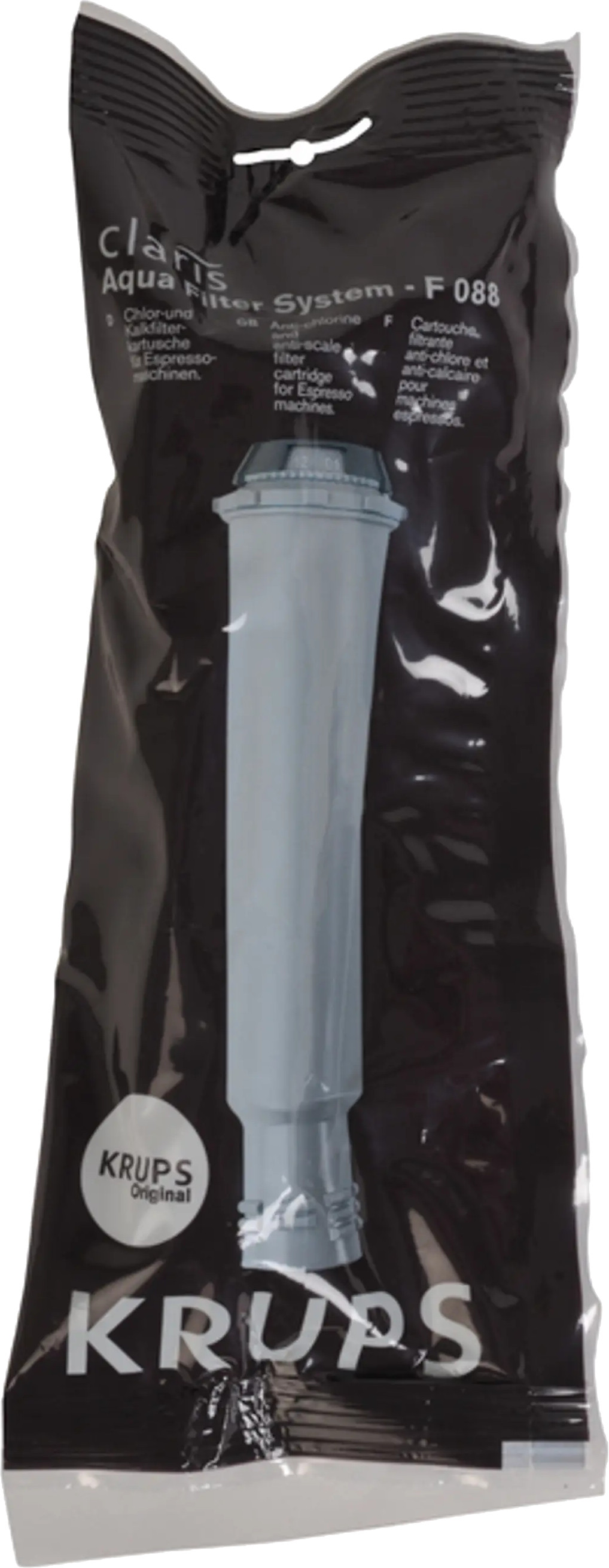A water filter cartridge in a plastic bag. The brand name is KRUPS.