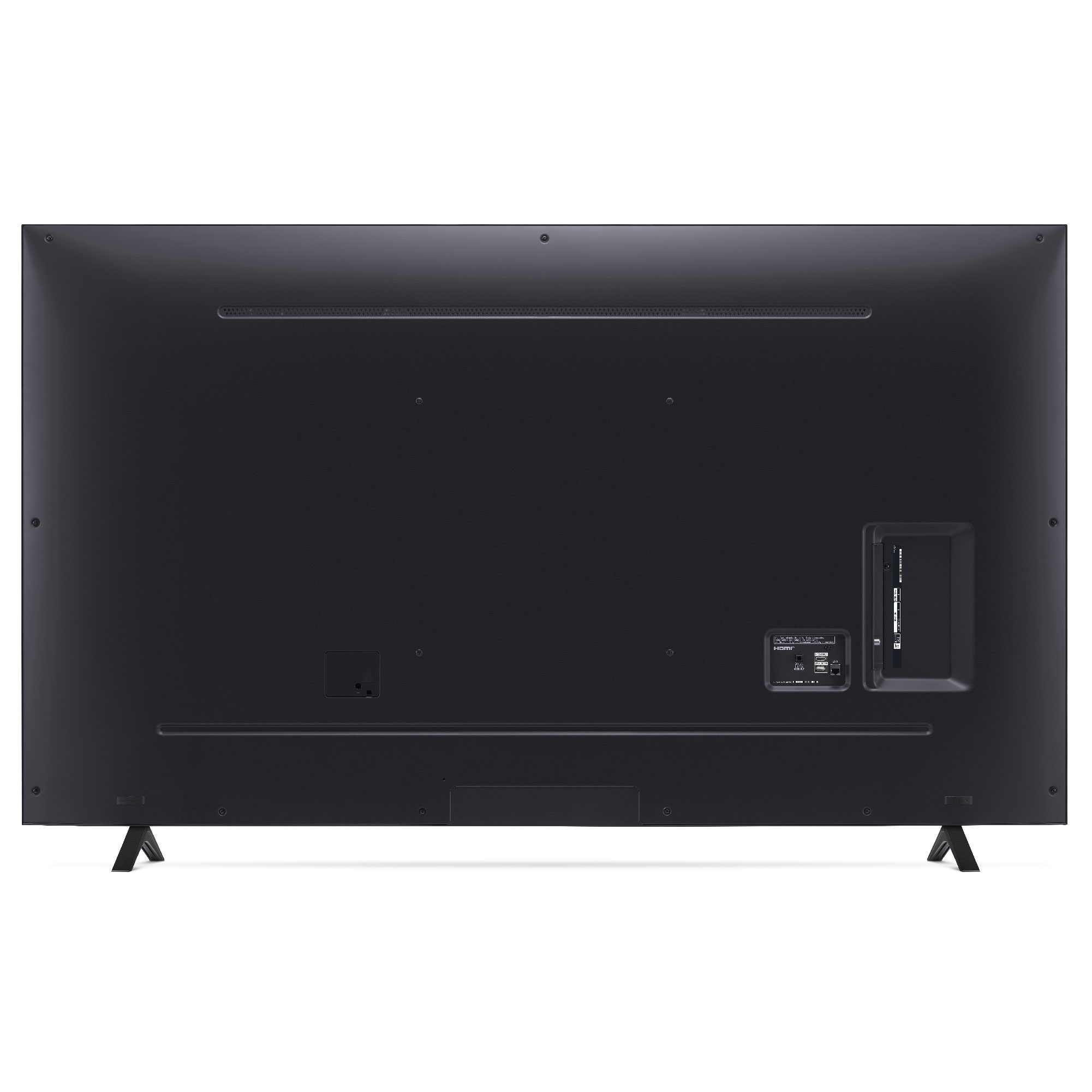 Un televisor negro grande con puertos y soportes visibles sobre un fondo blanco.