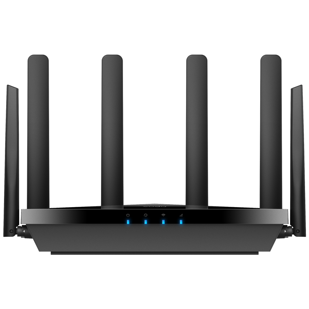Fekete router 6 antennával. Több kék fénye és elegáns dizájnja van.