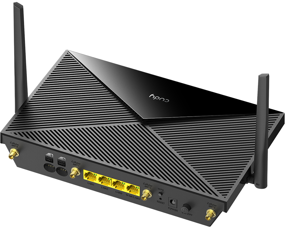 Fekete Cudy router két antennával, ferde nézet.