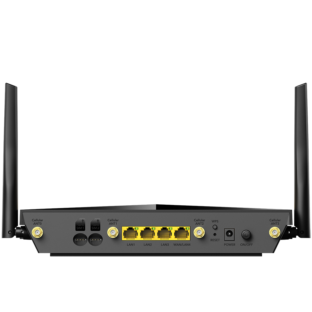Egy fekete router hátulnézete, több antennával és porttal. A háttér sima fehér.
