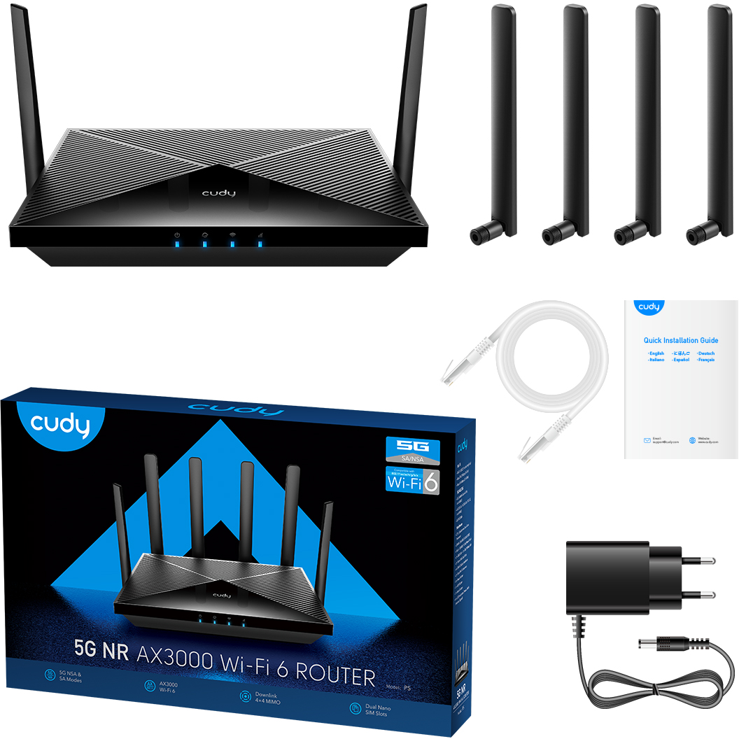 Egy fekete router, antennák, hálózati adapter, hálózati kábel és egy doboz router képpel.