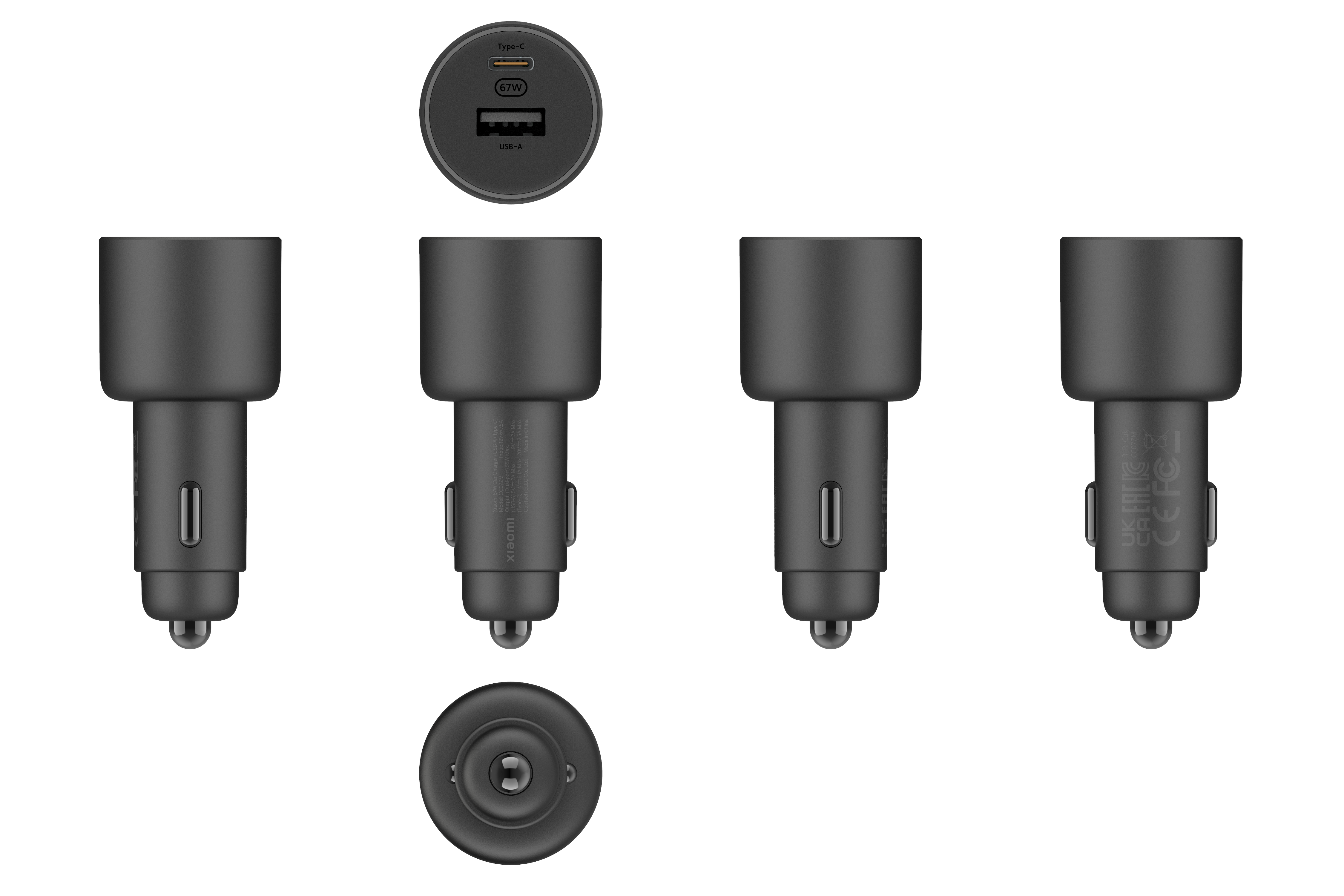 Több nézet egy fekete autós töltőről USB portokkal.