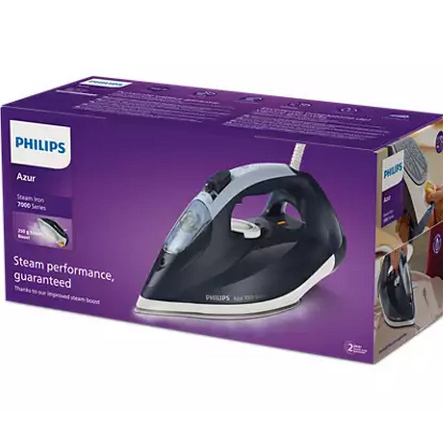 Un fer à repasser à vapeur Philips Azur dans sa boîte, avec détails du produit.
