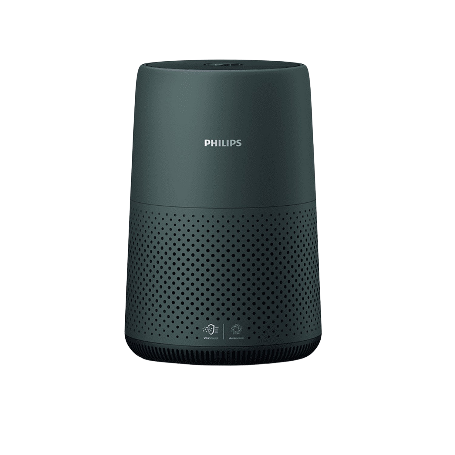 Purificateur d'air Philips vert foncé, design cylindrique avec côtés perforés.