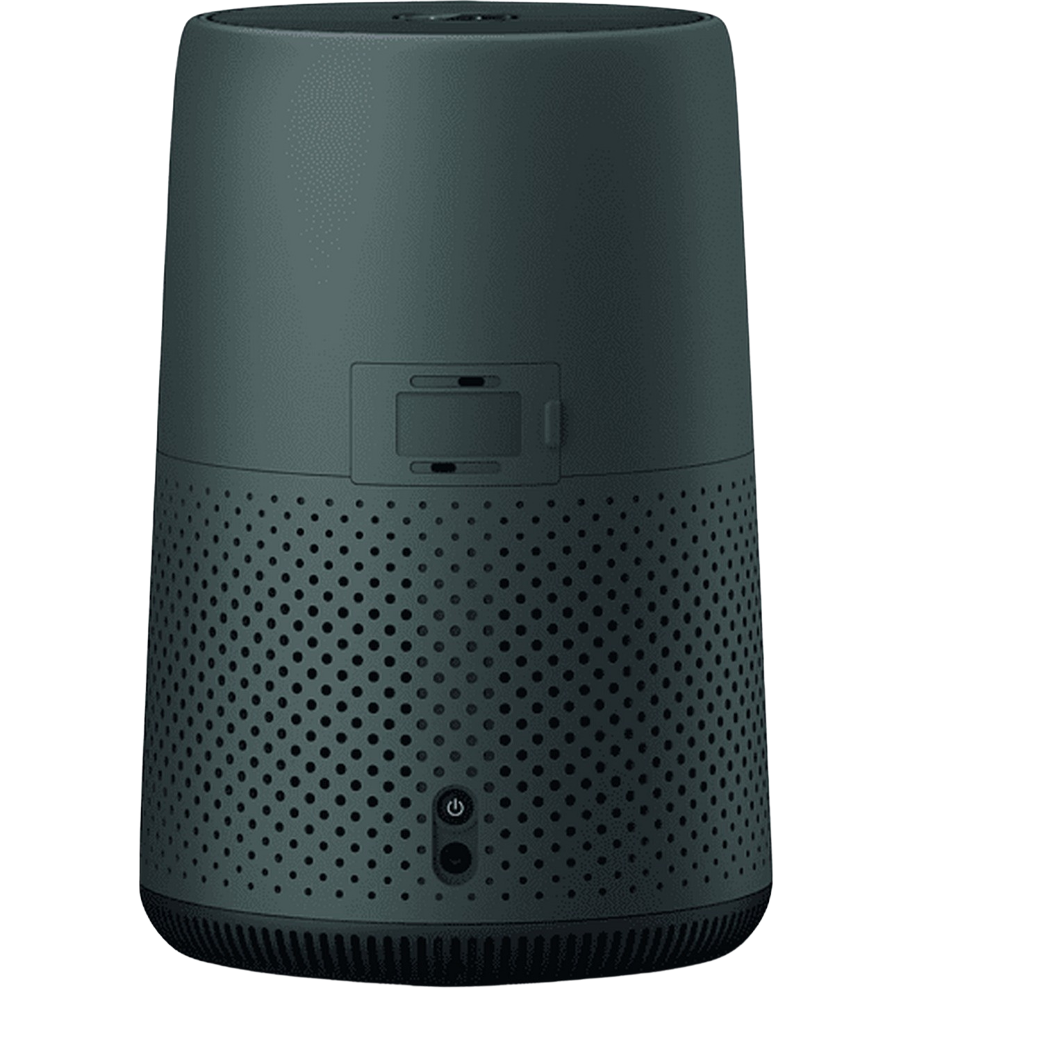Un haut-parleur Bose gris foncé, vue arrière, avec un bouton d'alimentation.