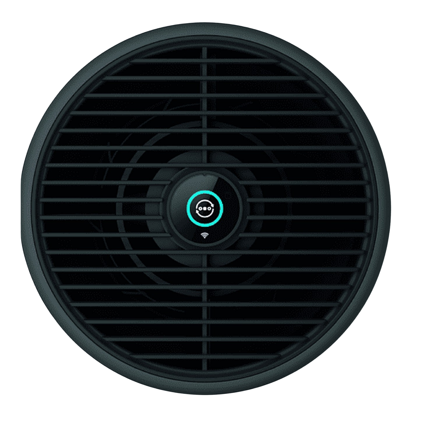 Purificateur d'air noir avec un design circulaire et une grille avant, sur fond noir.