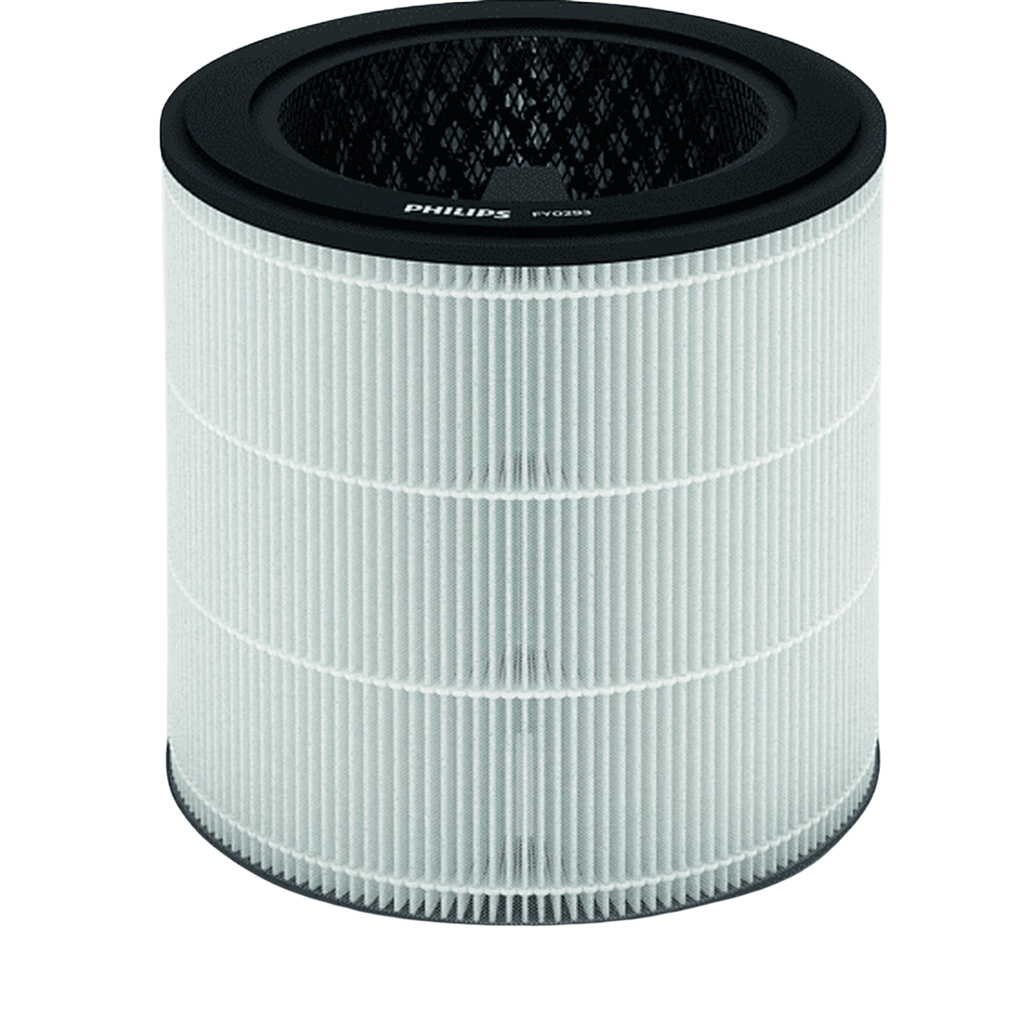 Filtre à air cylindrique blanc avec dessus et dessous noirs. Le filtre a des lignes verticales.