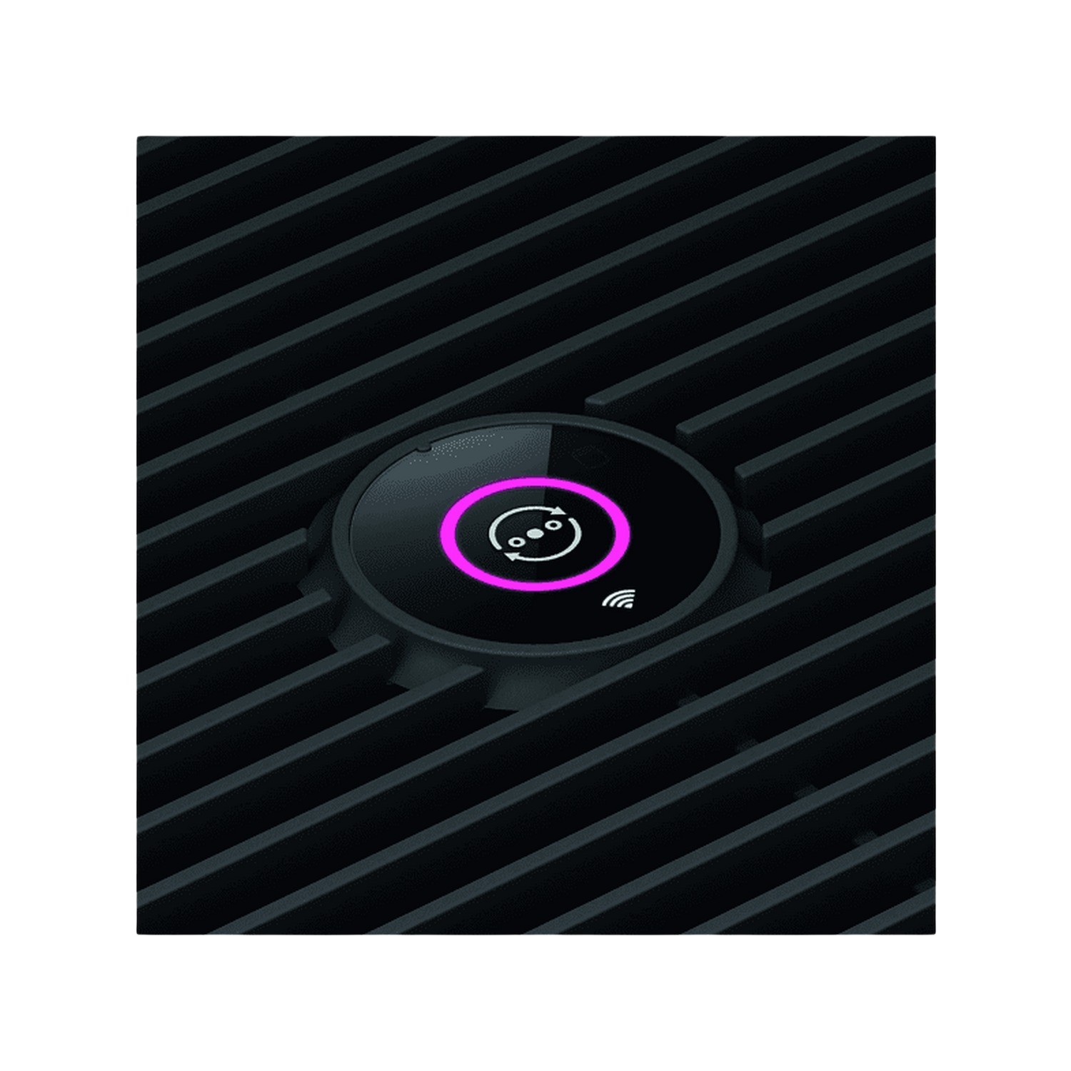 Un appareil noir avec un panneau de commande circulaire et un anneau rose autour du centre, entouré de lignes de grille.