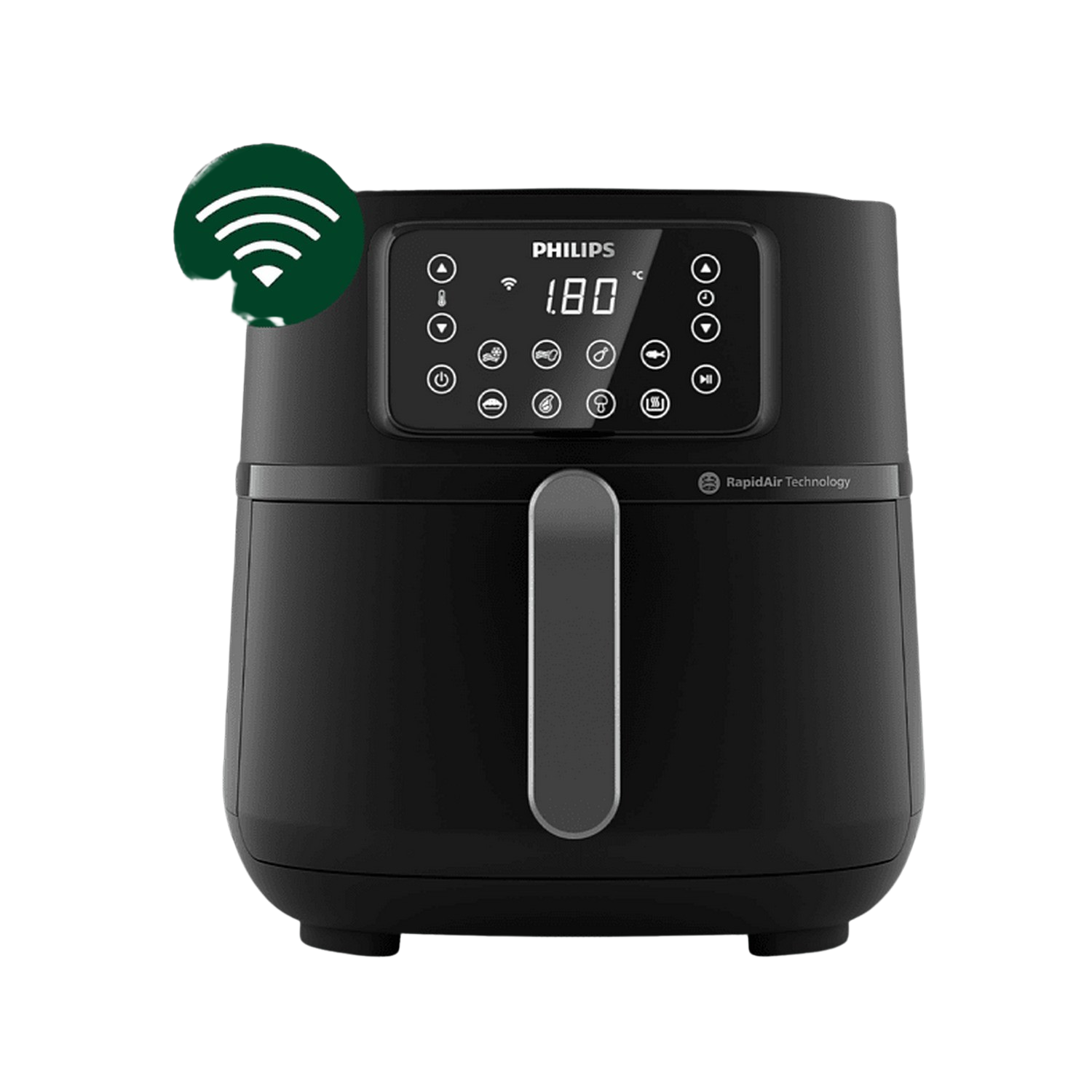 Friteuse à air noire avec écran numérique et boutons de commande, symbole Wi-Fi.