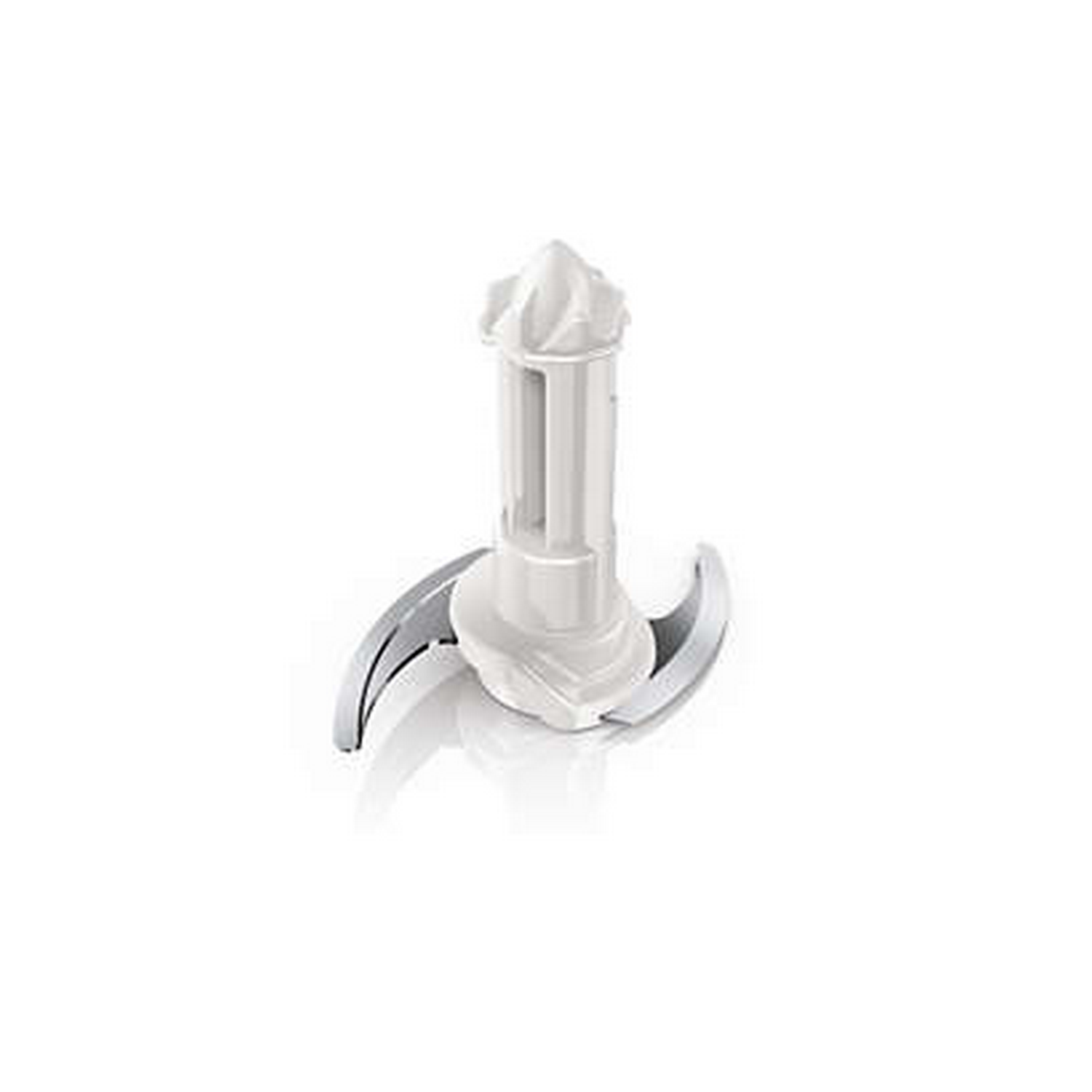 White blender blade attachment. It has two curved blades and a white centerpiece.