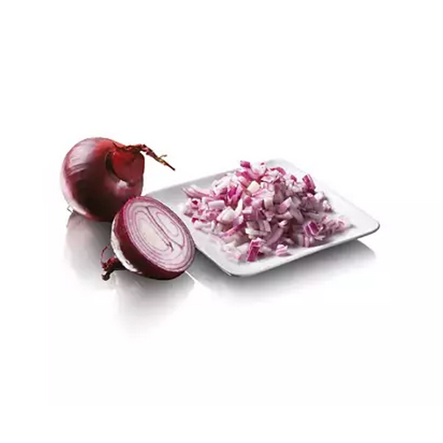 Red onions, sliced and whole. One onion cut in half, with a plate of chopped onions.