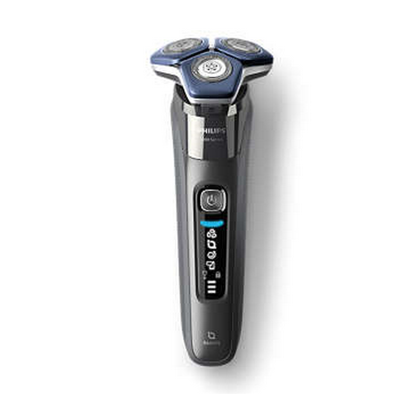 Philips electric shaver, black and blue design.