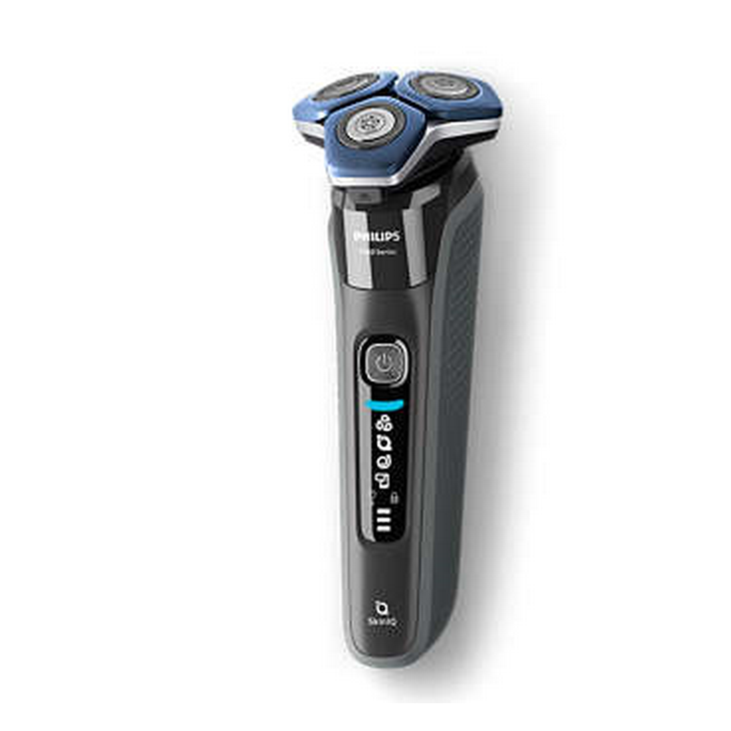 Electric shaver with three rotating heads. The device is black and gray.