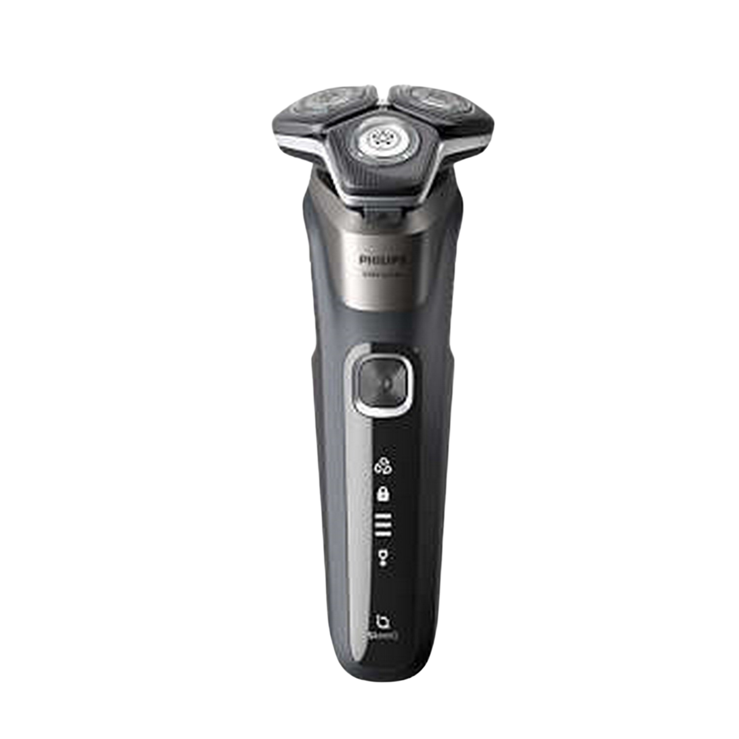 A dark-colored electric shaver. The shaver has three rotating heads and a power button. It is on a black background.