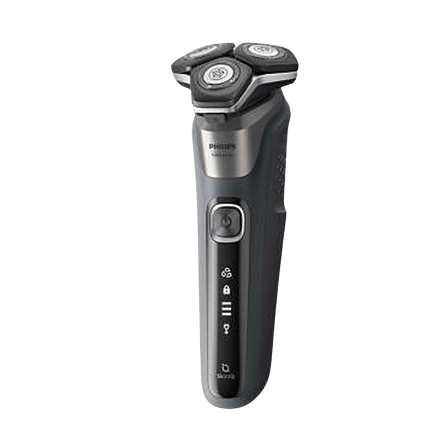 A dark gray electric shaver with three rotary heads and a power button.