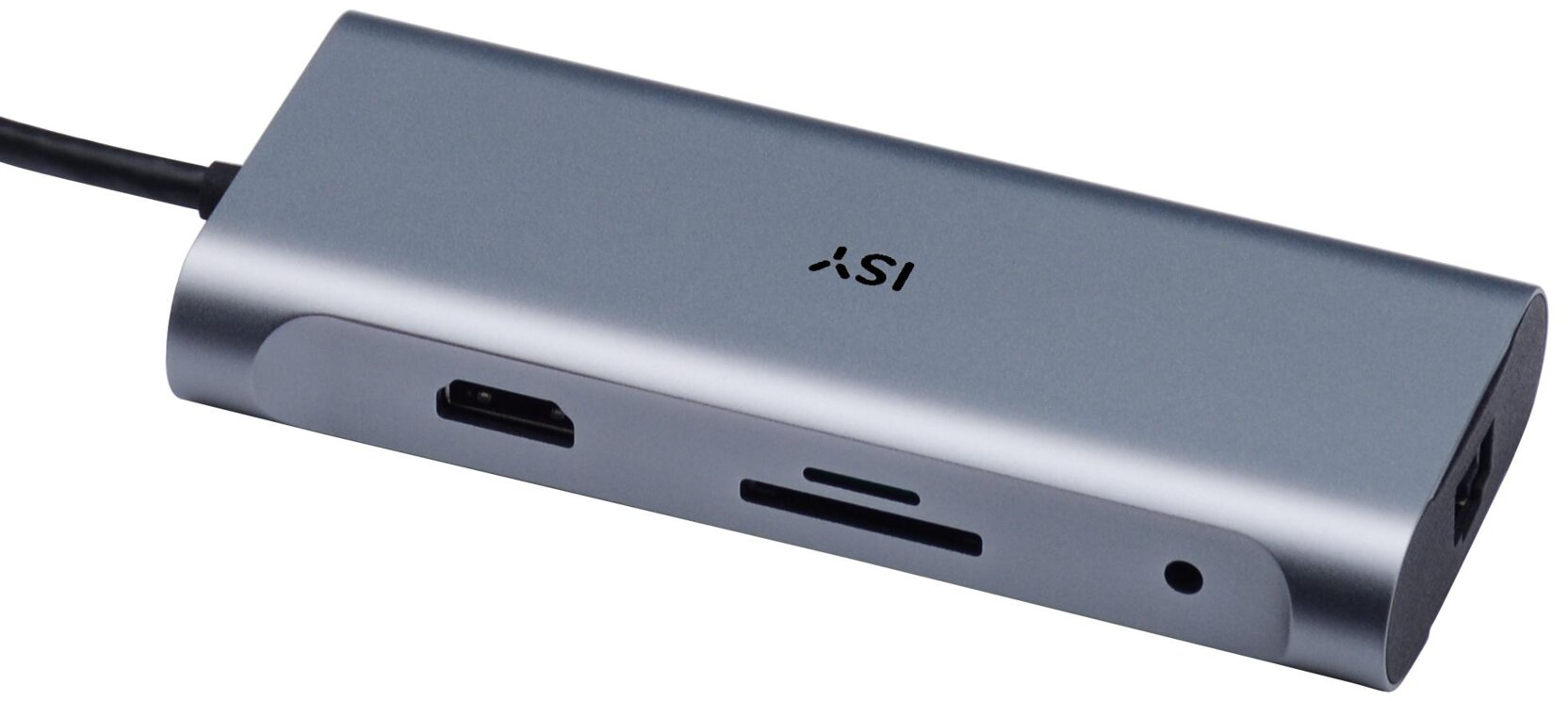 Ein grauer Multiport-Adapter mit HDMI-, SD-Karten- und USB-Anschlüssen.