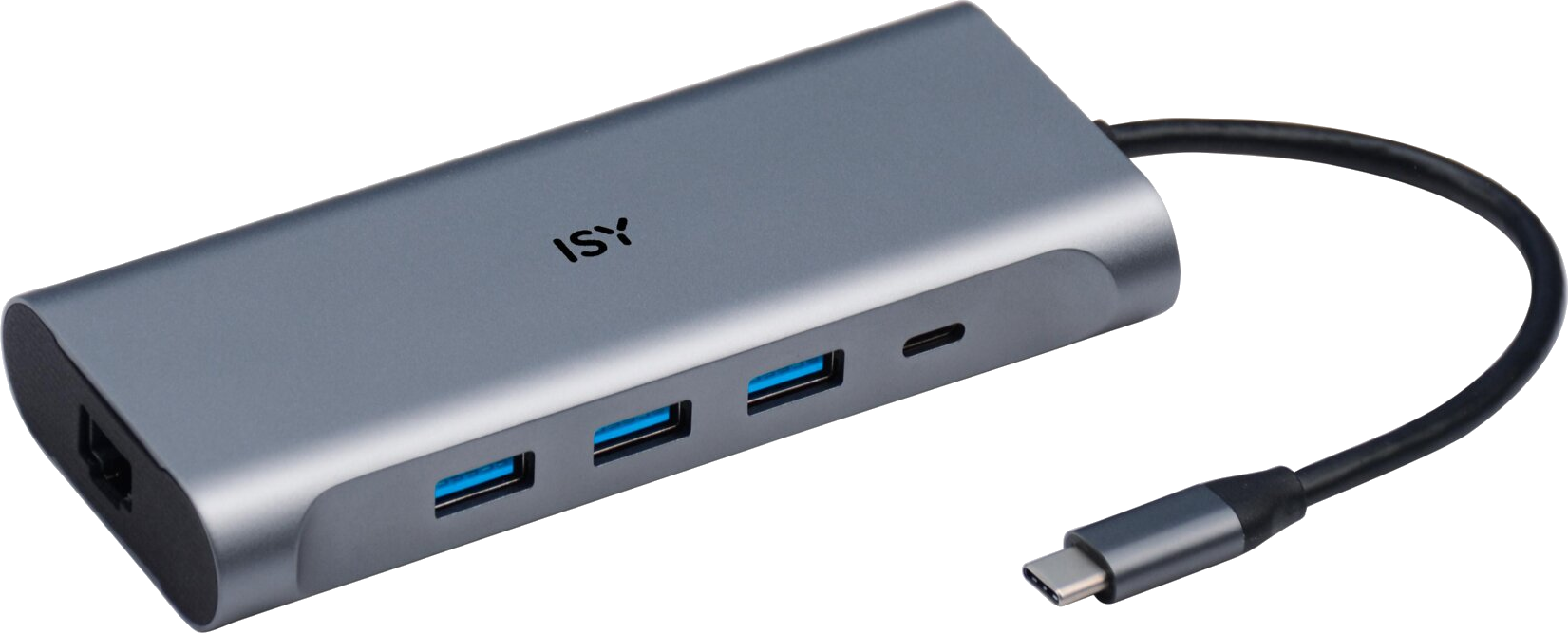 Grauer ISY USB-Hub mit mehreren Anschlüssen und angeschlossenem Kabel.