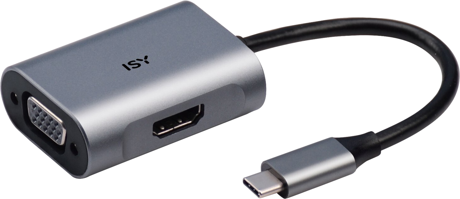 Ein silberner Adapter mit VGA-, HDMI- und USB-C-Anschluss. Schwarzes Kabel angeschlossen. Isoliert auf weißem Hintergrund.