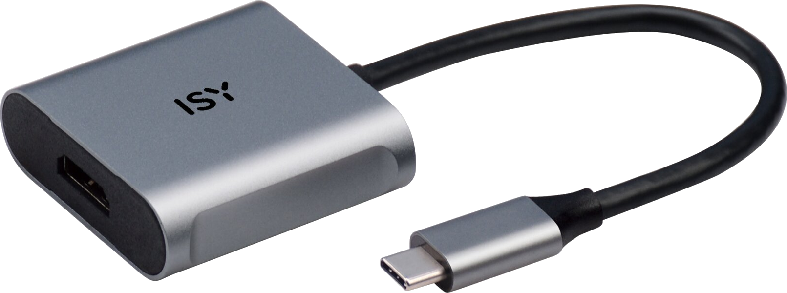 Silberner USB-C-Adapter mit schwarzem Kabel. Die Marke ISY ist darauf. Schwarzer Hintergrund.