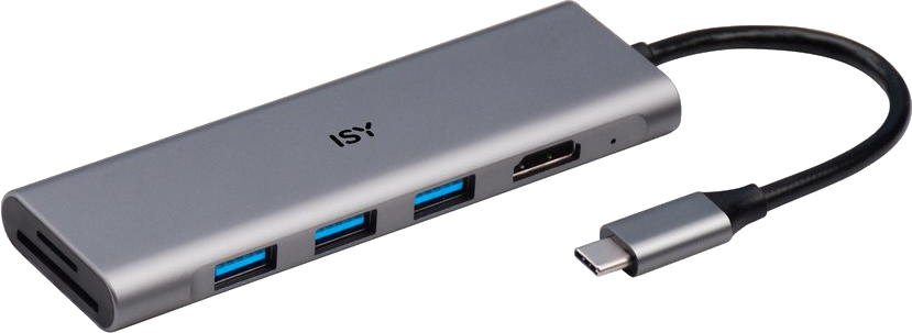 Ein grauer USB-Hub mit mehreren Anschlüssen. Er umfasst USB, HDMI und einen USB-C-Anschluss.