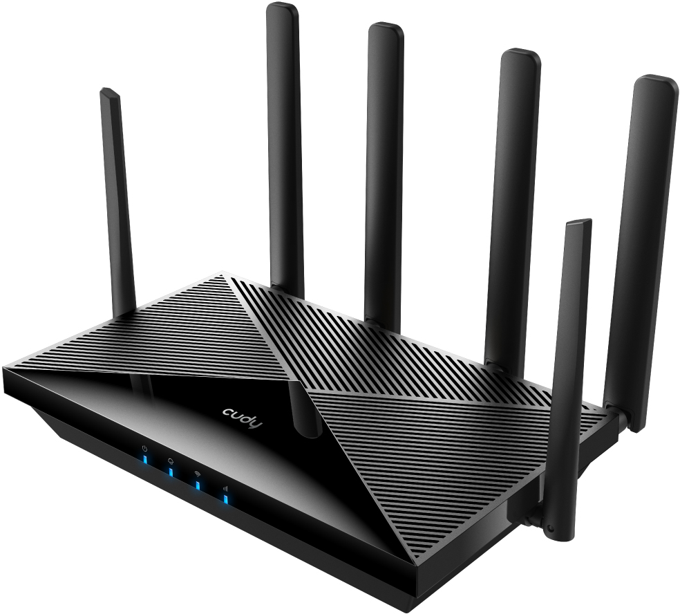 Fekete router hat antennával. A felső felületen háromszög alakú vonalak és a cudy logó található.