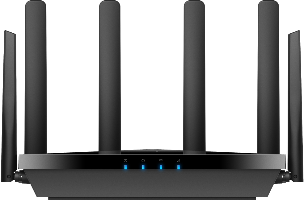 Fekete router hat antennával, elől kék fényekkel.