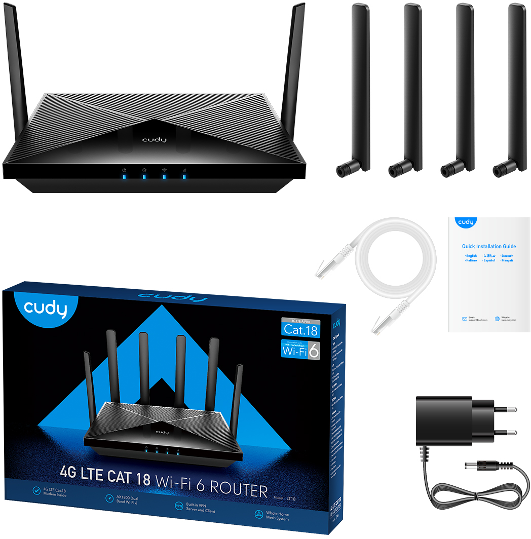 Egy router antennákkal és tartozékokkal. Egy doboz a routerrel is a képen.
