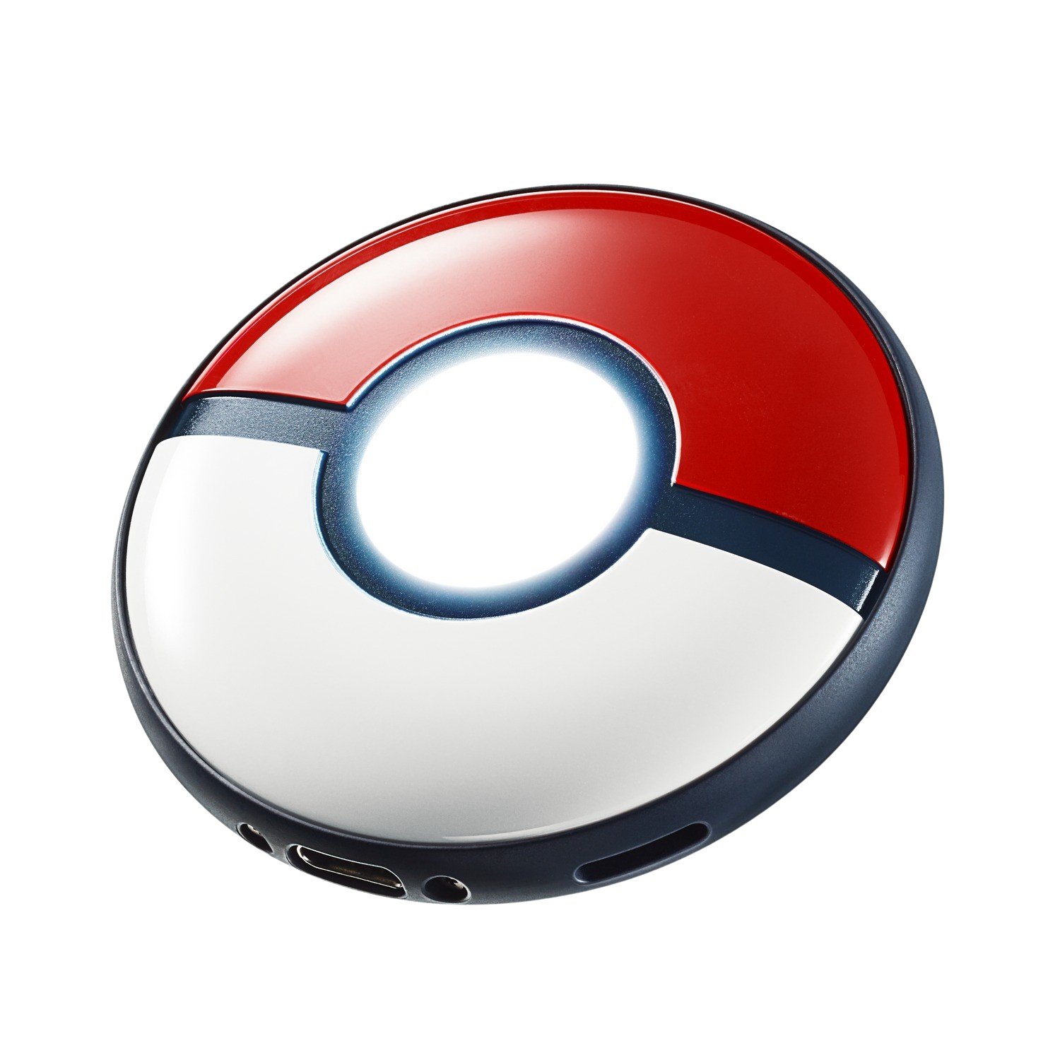 Een Pokémon-thema powerbank. Het is rood en wit met een gloeiend wit centrum.