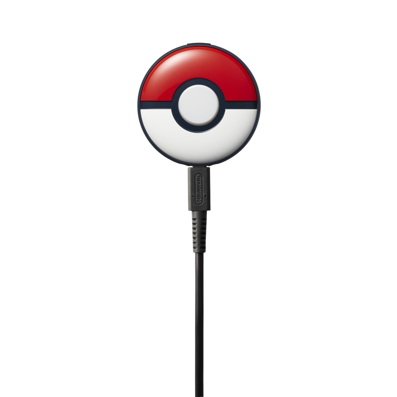 Een oplaadkabel met Pokémon-thema met een rood en wit Poké Ball-ontwerp. Het staat op een zwarte achtergrond.