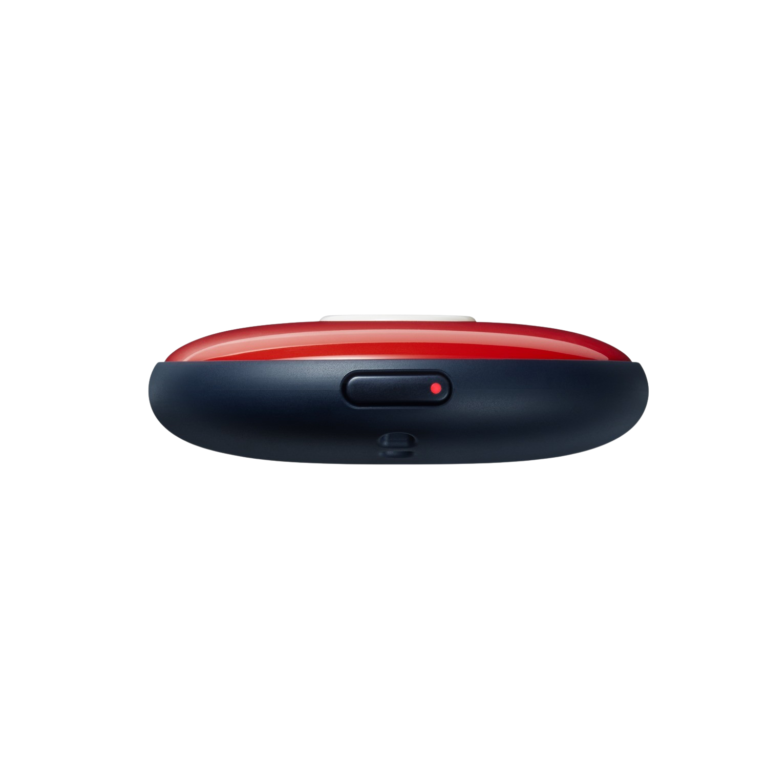 Een klein, rood en zwart apparaat, mogelijk een wearable of knop.
